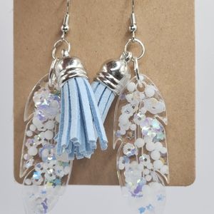 NEW White Feather-shaped light blue tassels earrings